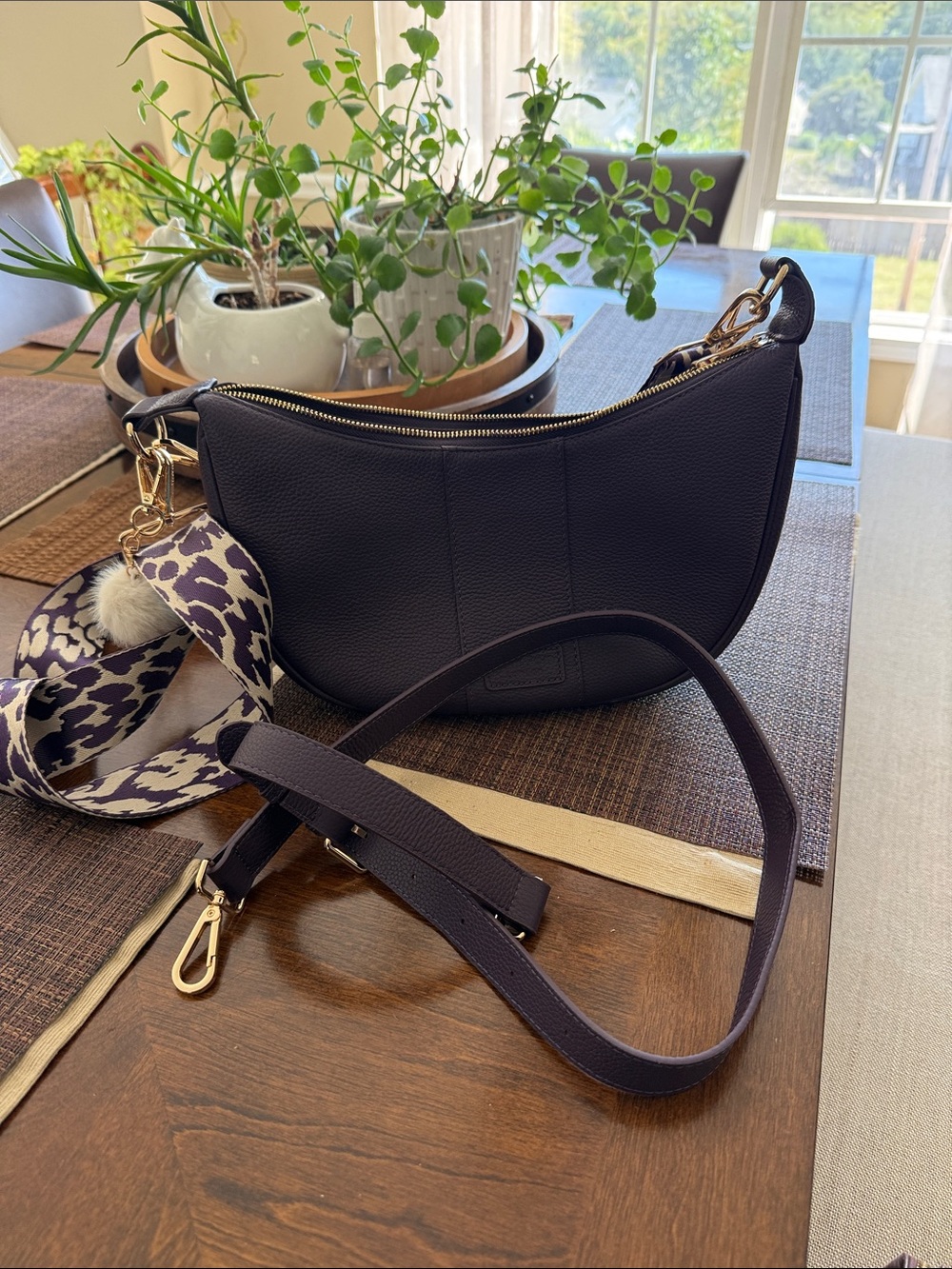 Pom Pom London Curved Crossbody Shoulder Bag in Deep Plum with Patterned Strap